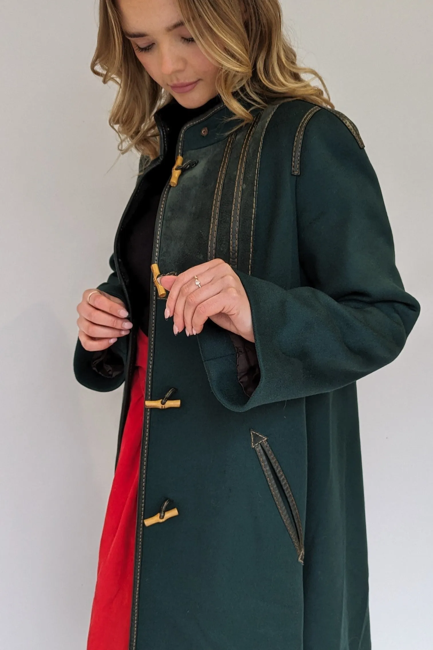 70s Bottle Green Long Baccarat Toggle Wool Coat