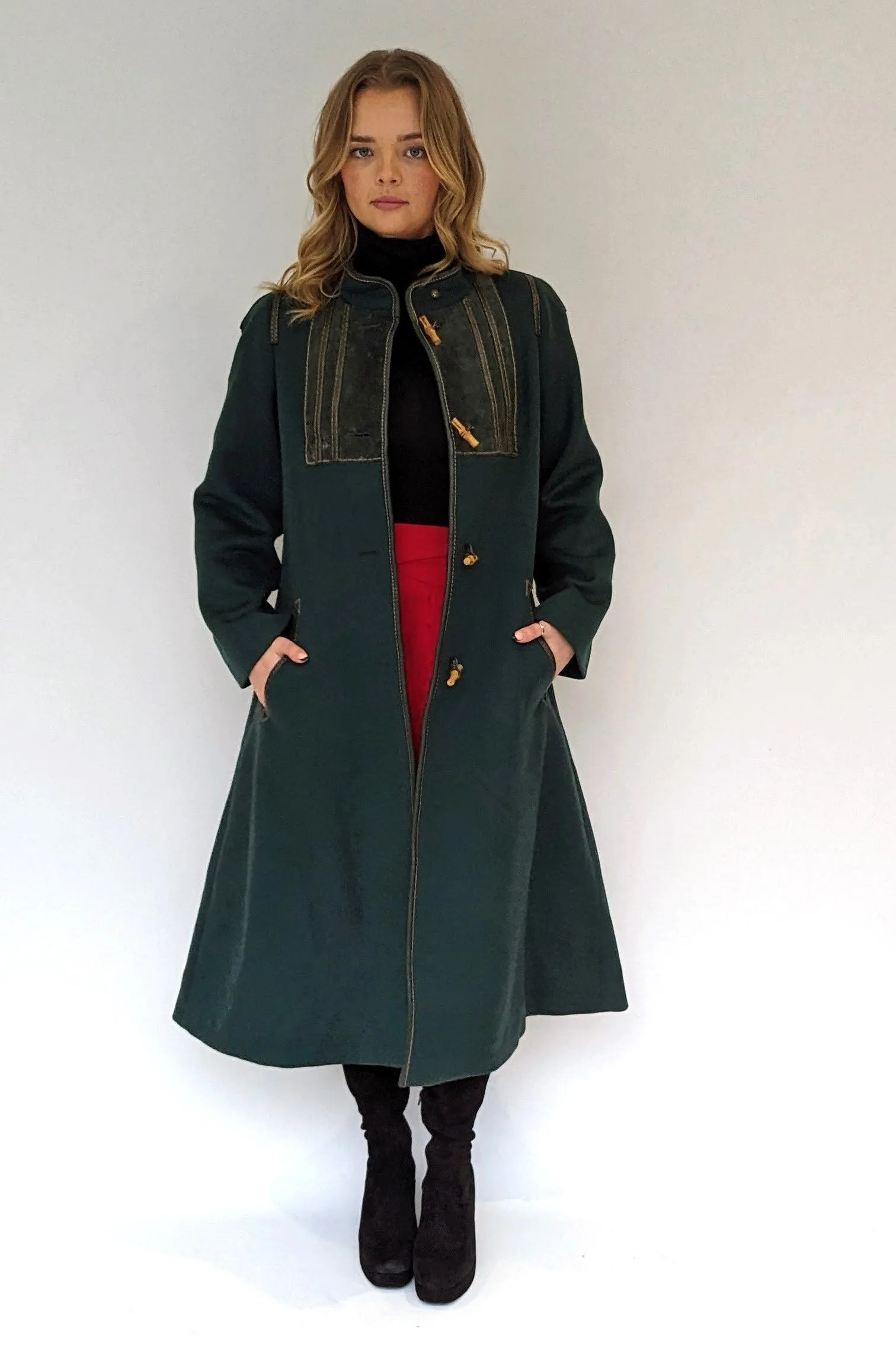 70s Bottle Green Long Baccarat Toggle Wool Coat