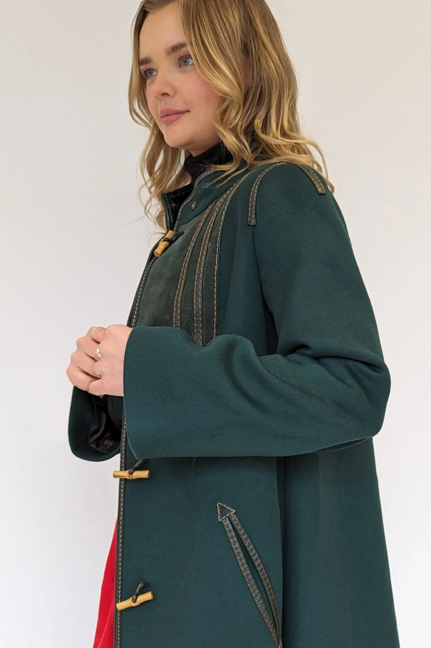 70s Bottle Green Long Baccarat Toggle Wool Coat