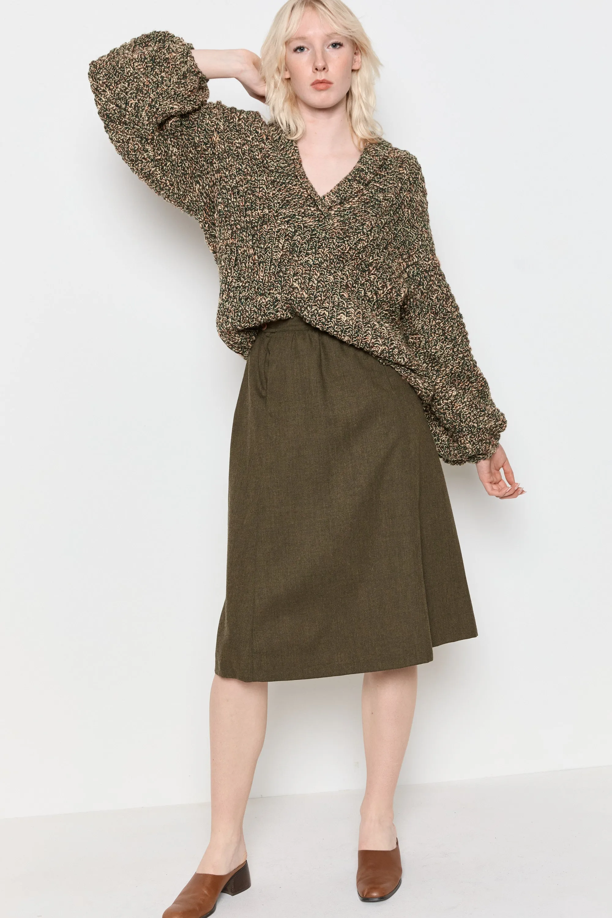 70s Olive Marled Balloon Sleeve Sweater L/XL