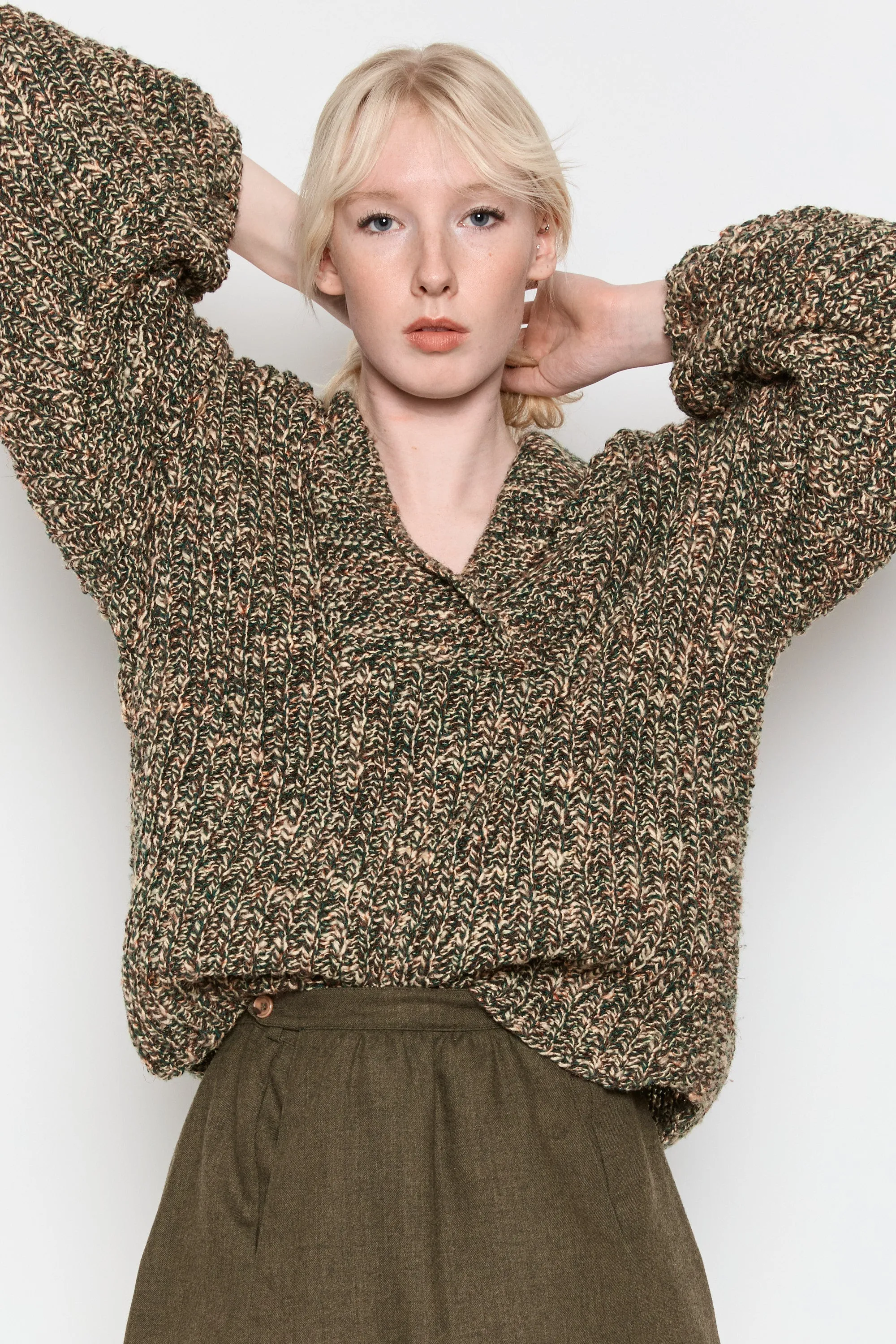 70s Olive Marled Balloon Sleeve Sweater L/XL