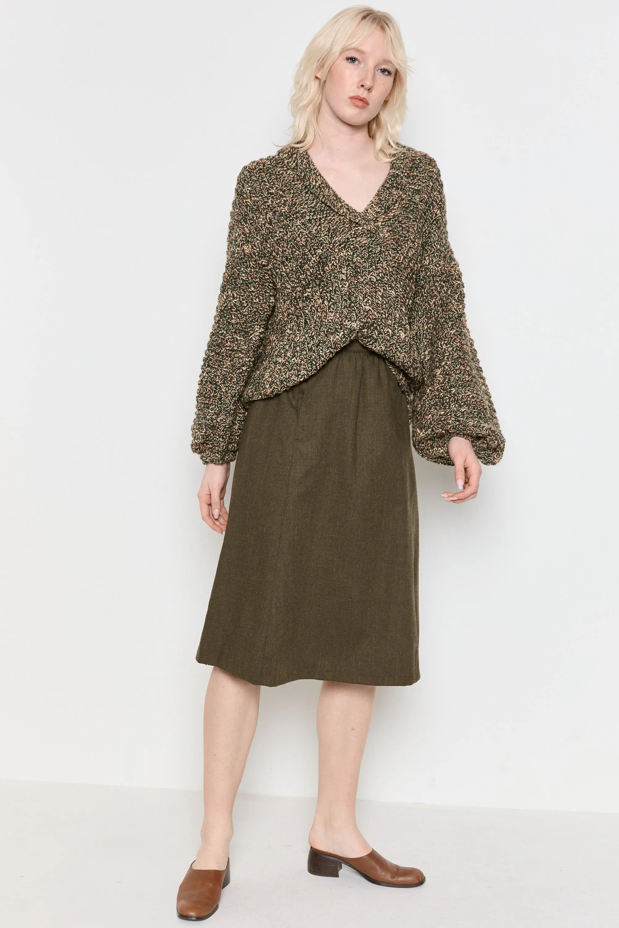 70s Olive Marled Balloon Sleeve Sweater L/XL