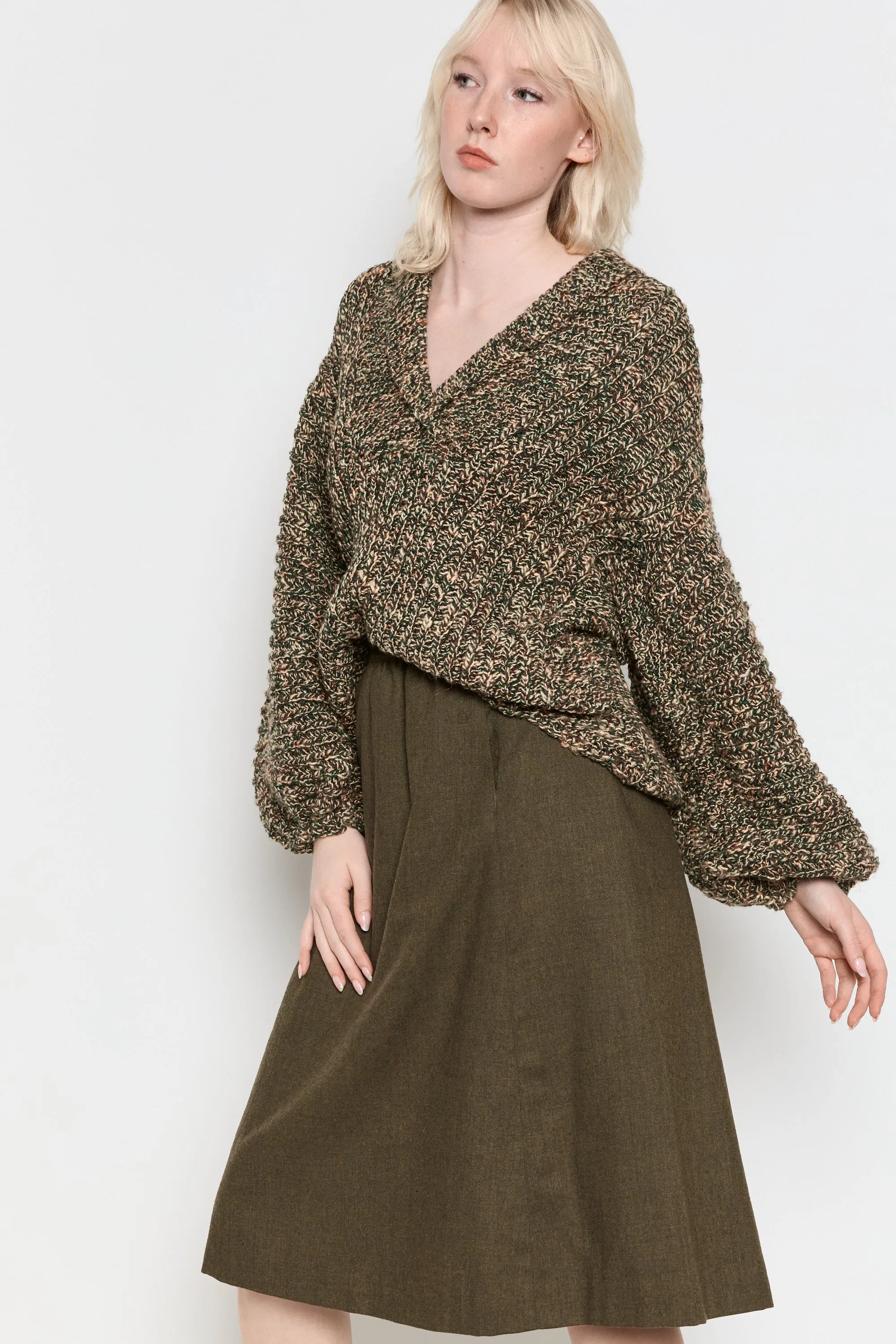 70s Olive Marled Balloon Sleeve Sweater L/XL