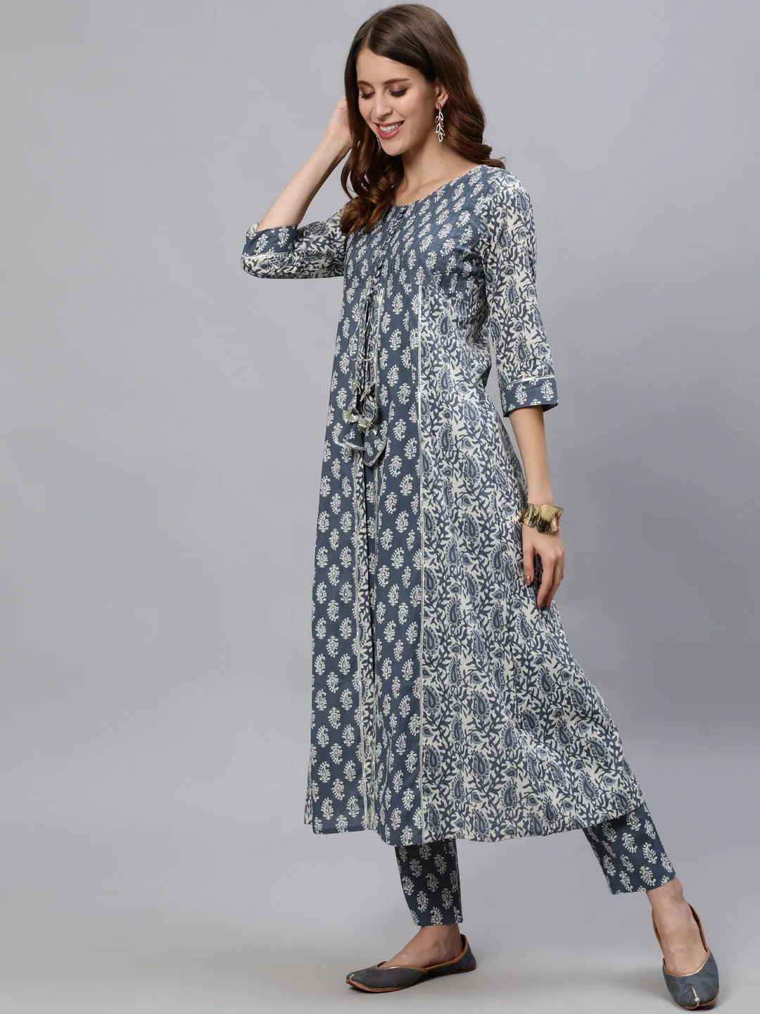 Blue & Grey Printed Flared Kurta With Pant