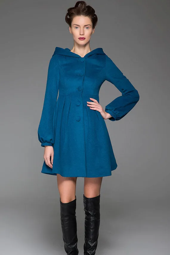 Blue Swing Coat - Hooded Fit & Flare Short Winter Jacket with Lantern Sleeves Women's Outerwear 1419#
