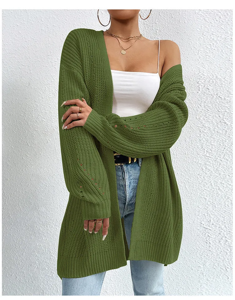 Ivyshape | Color Loose Medium Length Knitted Cardigan Sweater Jacket