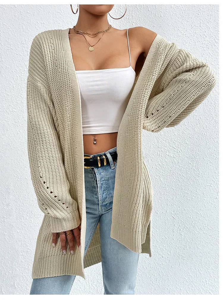 Ivyshape | Color Loose Medium Length Knitted Cardigan Sweater Jacket