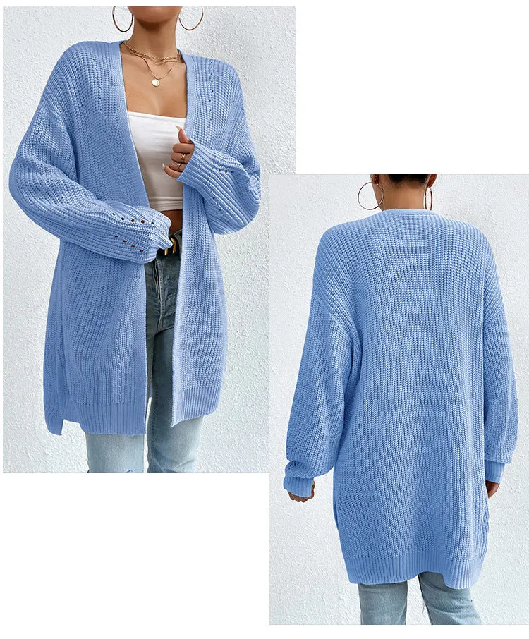 Ivyshape | Color Loose Medium Length Knitted Cardigan Sweater Jacket