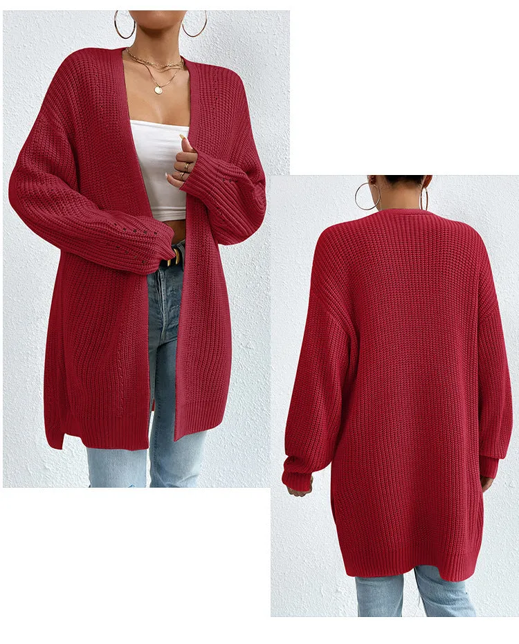 Ivyshape | Color Loose Medium Length Knitted Cardigan Sweater Jacket