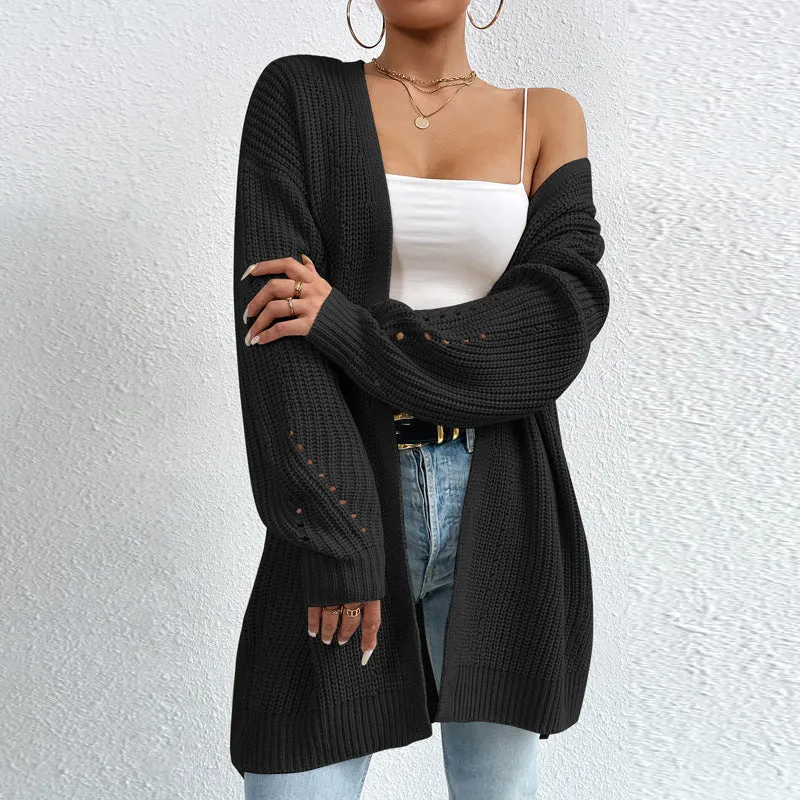 Ivyshape | Color Loose Medium Length Knitted Cardigan Sweater Jacket