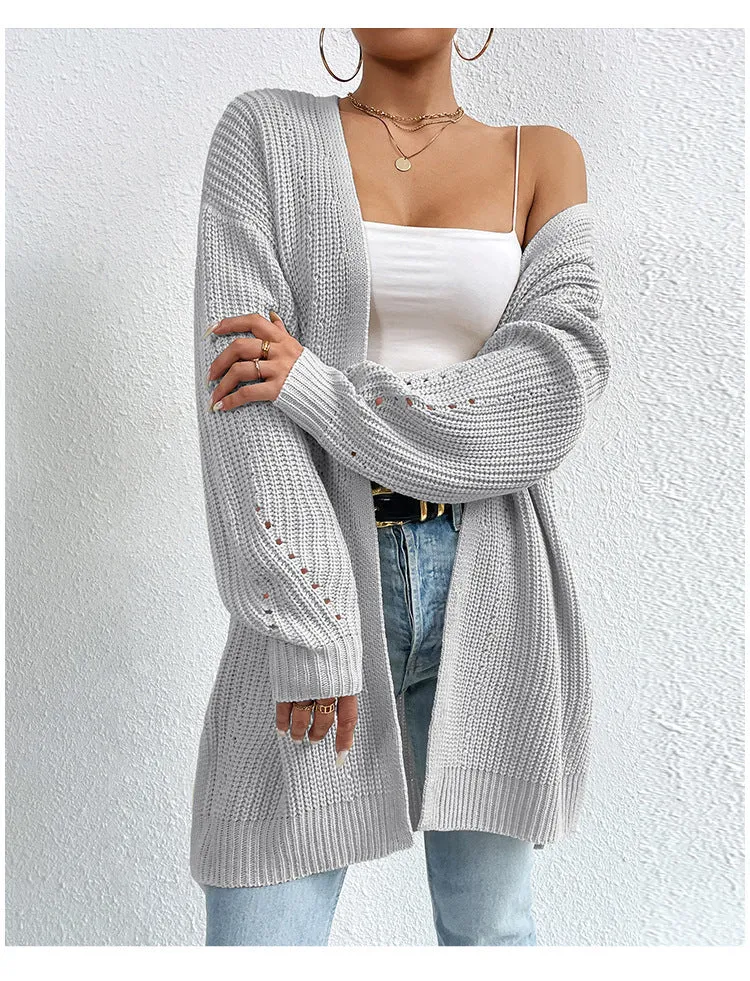 Ivyshape | Color Loose Medium Length Knitted Cardigan Sweater Jacket