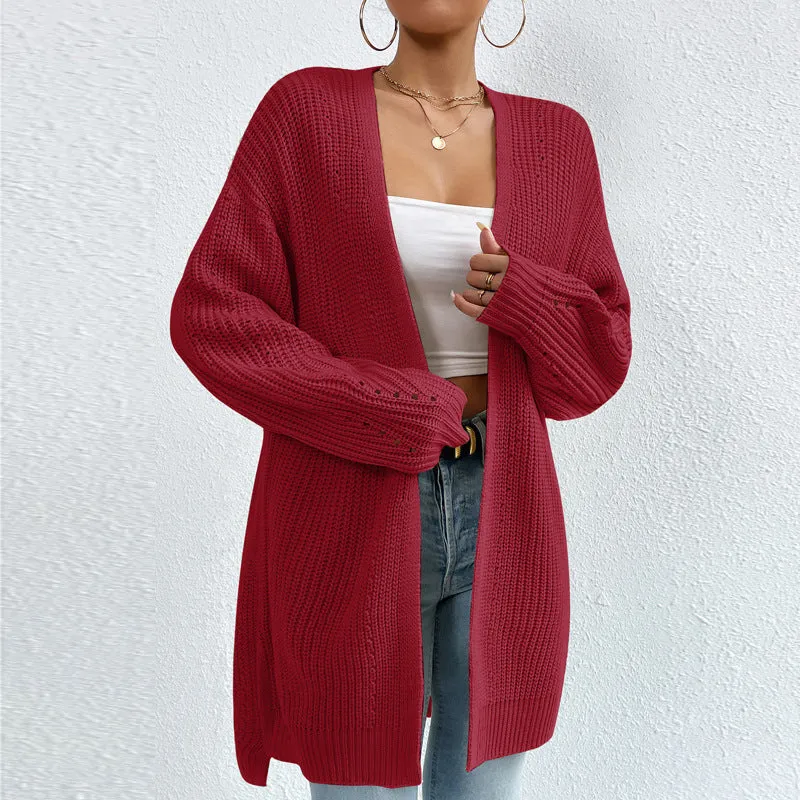 Ivyshape | Color Loose Medium Length Knitted Cardigan Sweater Jacket
