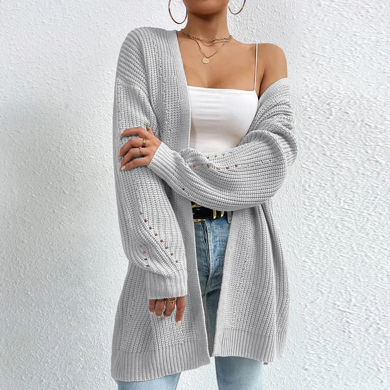 Ivyshape | Color Loose Medium Length Knitted Cardigan Sweater Jacket