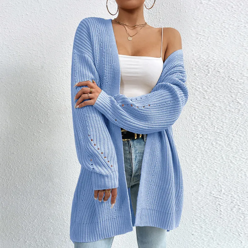 Ivyshape | Color Loose Medium Length Knitted Cardigan Sweater Jacket