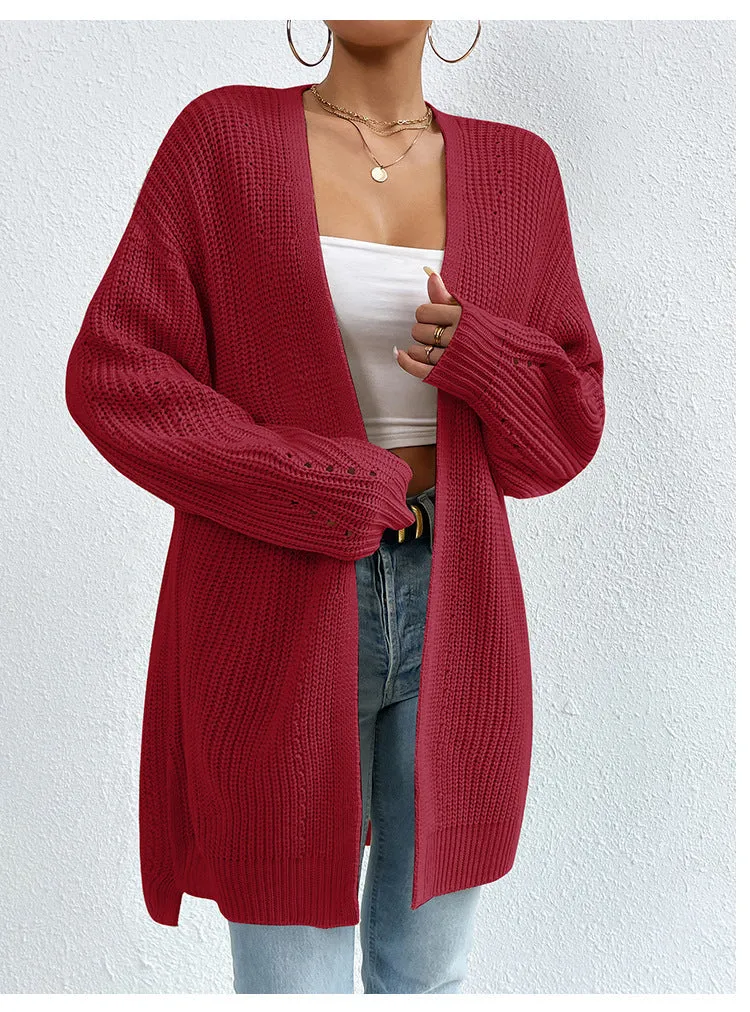 Ivyshape | Color Loose Medium Length Knitted Cardigan Sweater Jacket