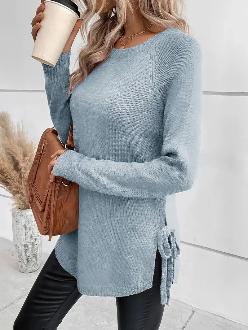 Ivyshape | Curved Hem Crew Neck Sweater